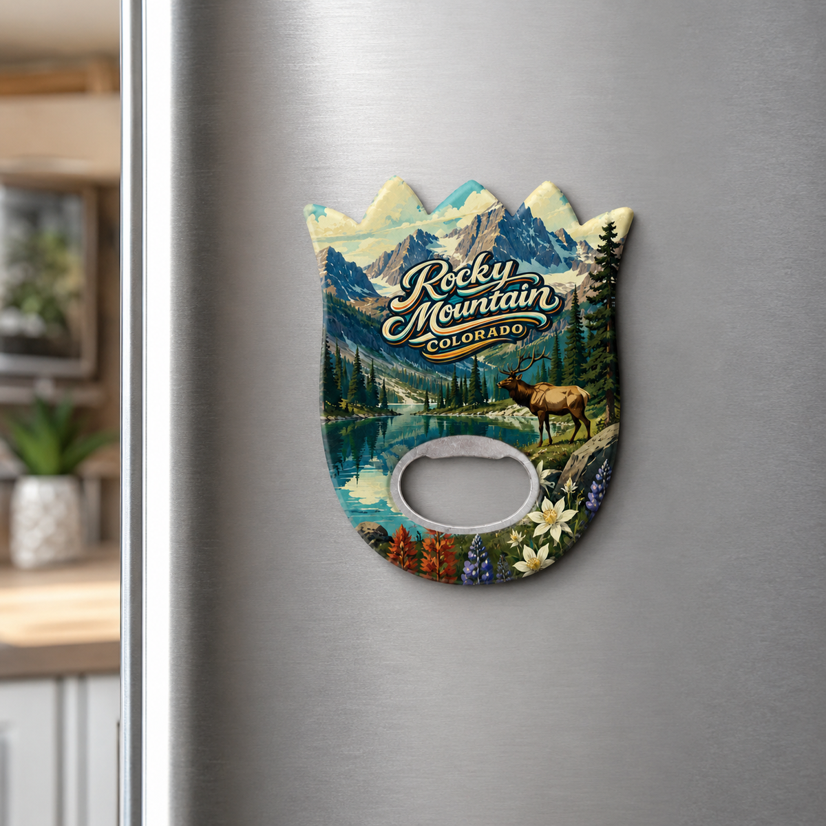 Rocky Mountain National Park souvenir bottle opener magnet displayed on a refrigerator