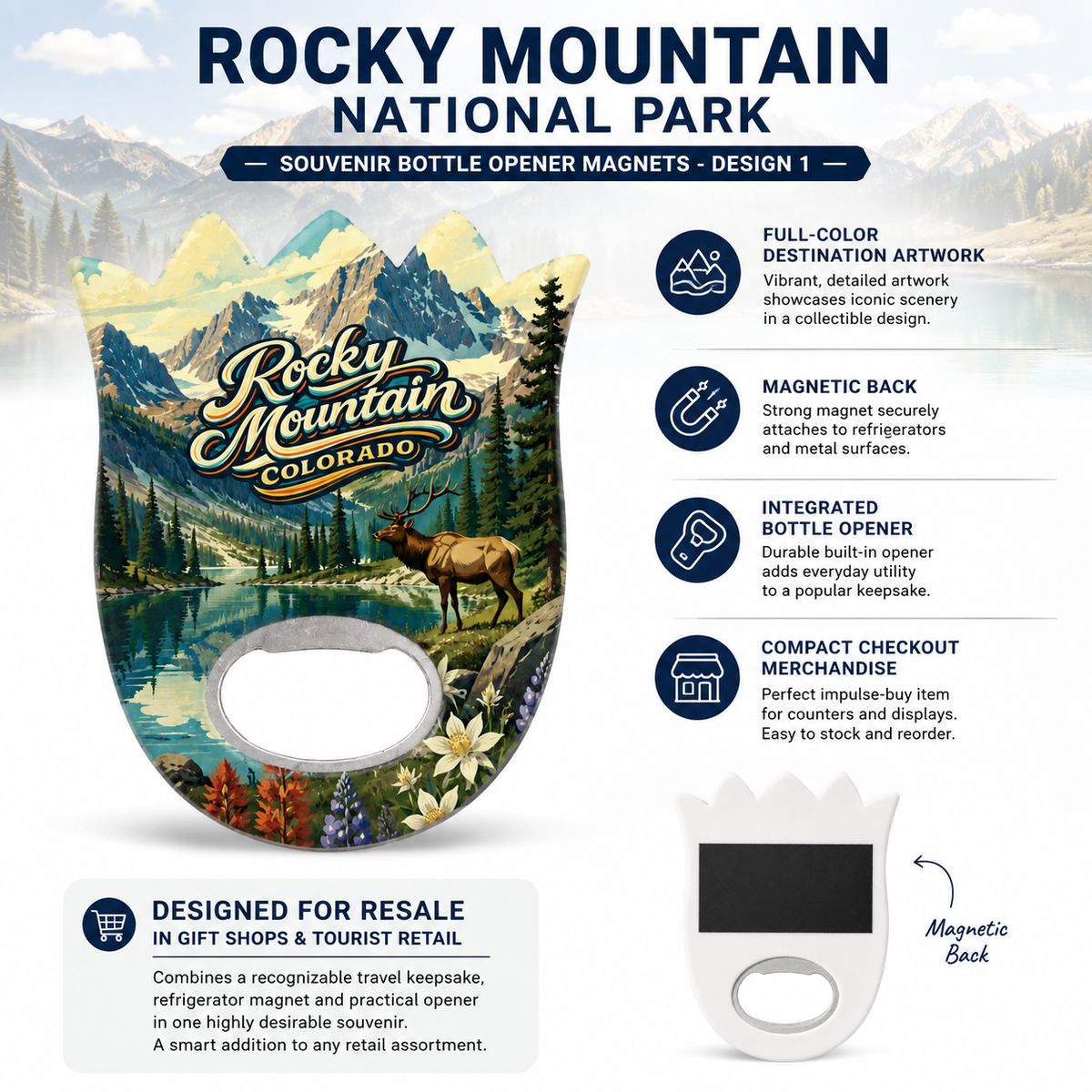 Rocky Mountain National Park souvenir bottle opener magnet features infographic
