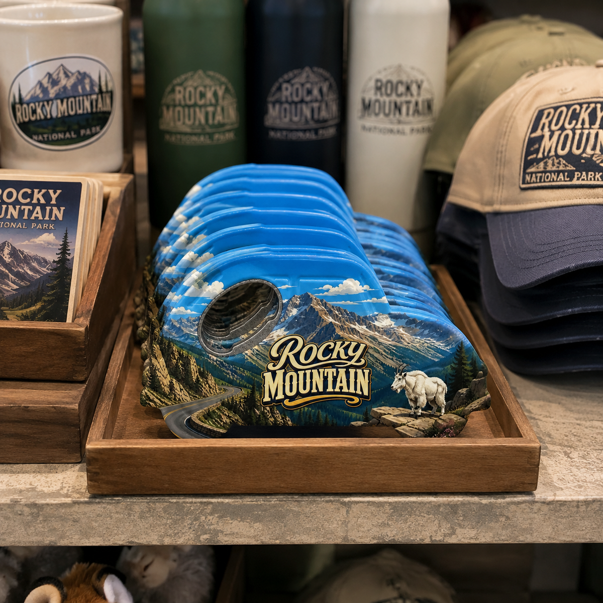 Rocky Mountain National Park souvenir bottle opener magnet in a retail lifestyle setting