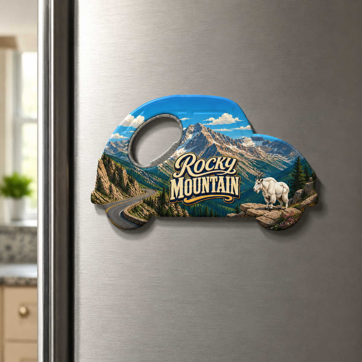 Rocky Mountain National Park souvenir bottle opener magnet displayed on a refrigerator