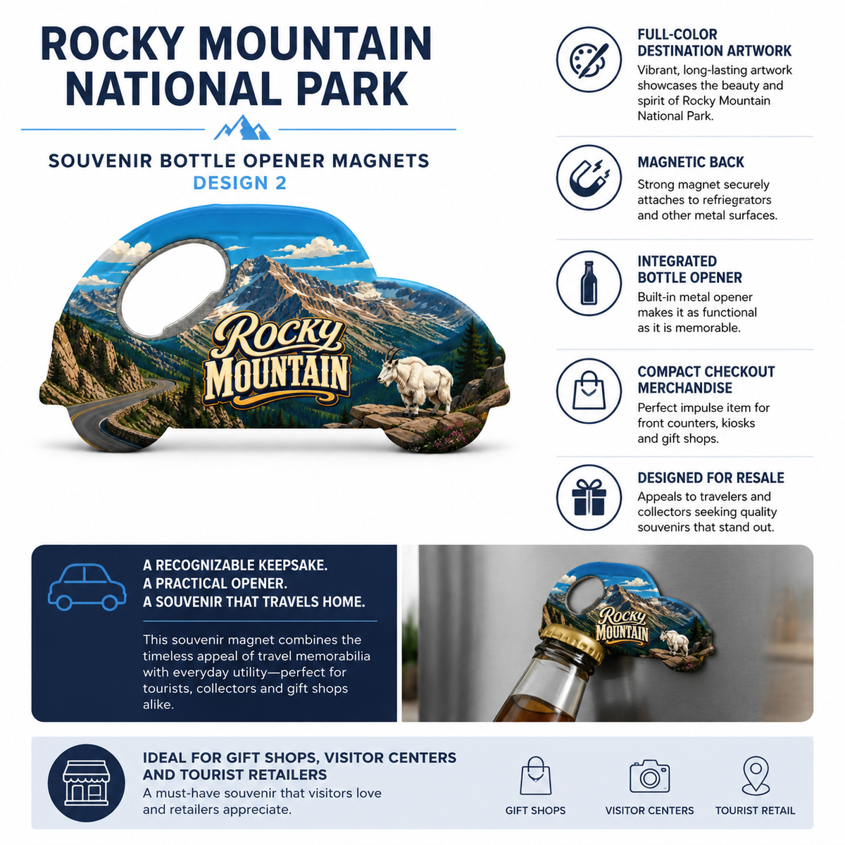 Rocky Mountain National Park souvenir bottle opener magnet features infographic