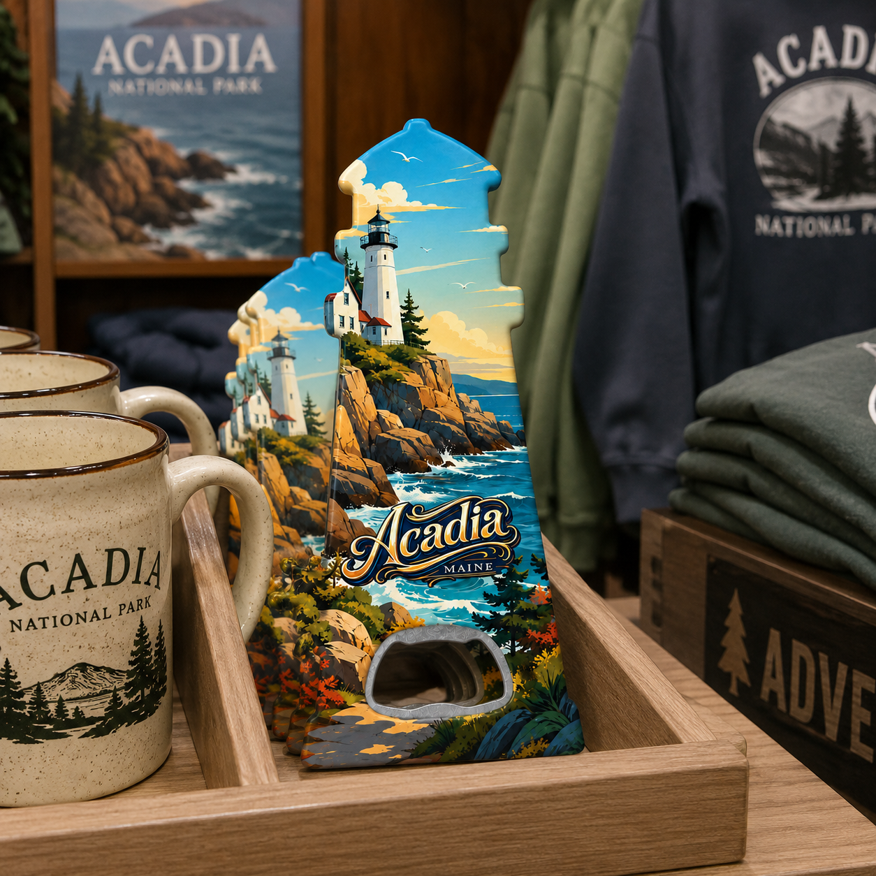 Acadia National Park souvenir bottle opener magnet in a retail lifestyle setting
