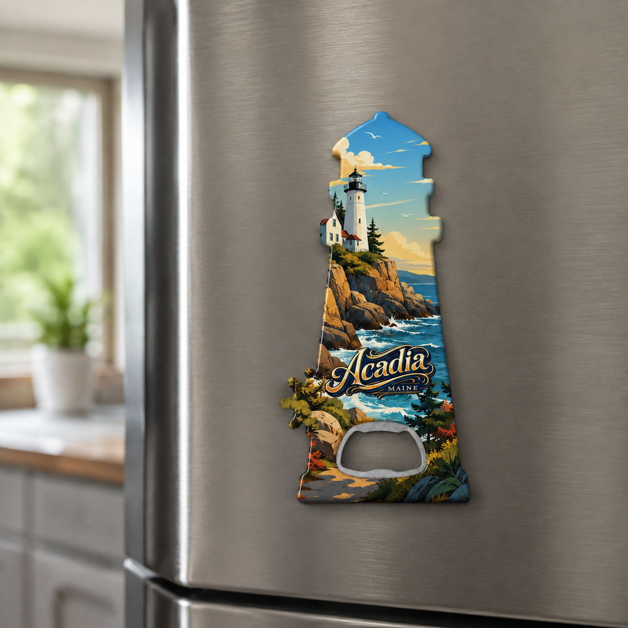 Acadia National Park souvenir bottle opener magnet displayed on a refrigerator