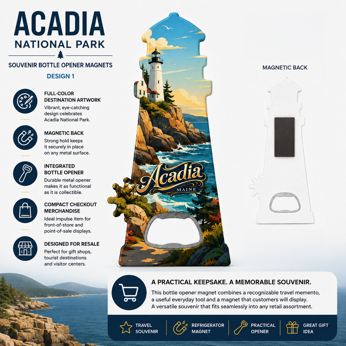 Acadia National Park souvenir bottle opener magnet features infographic
