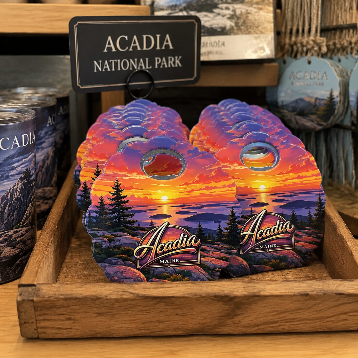 Acadia National Park souvenir bottle opener magnet in a retail lifestyle setting