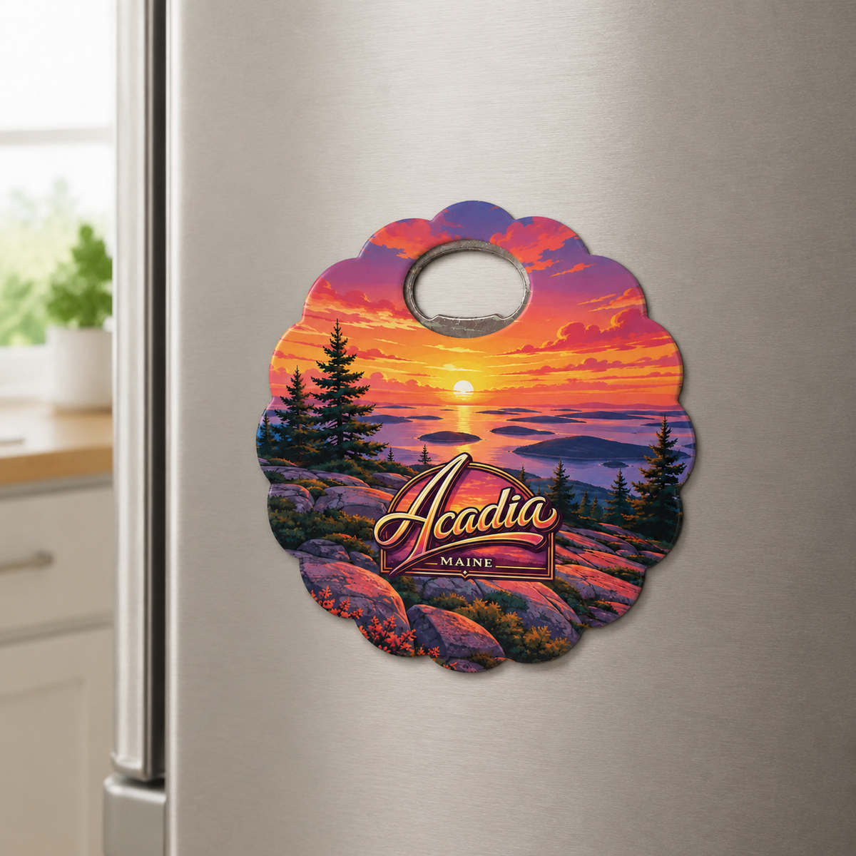 Acadia National Park souvenir bottle opener magnet displayed on a refrigerator
