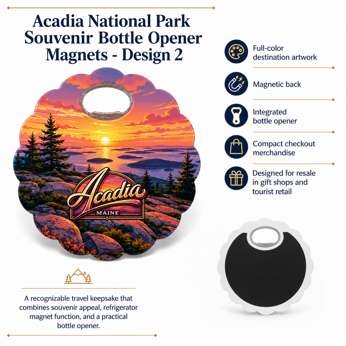 Acadia National Park souvenir bottle opener magnet features infographic