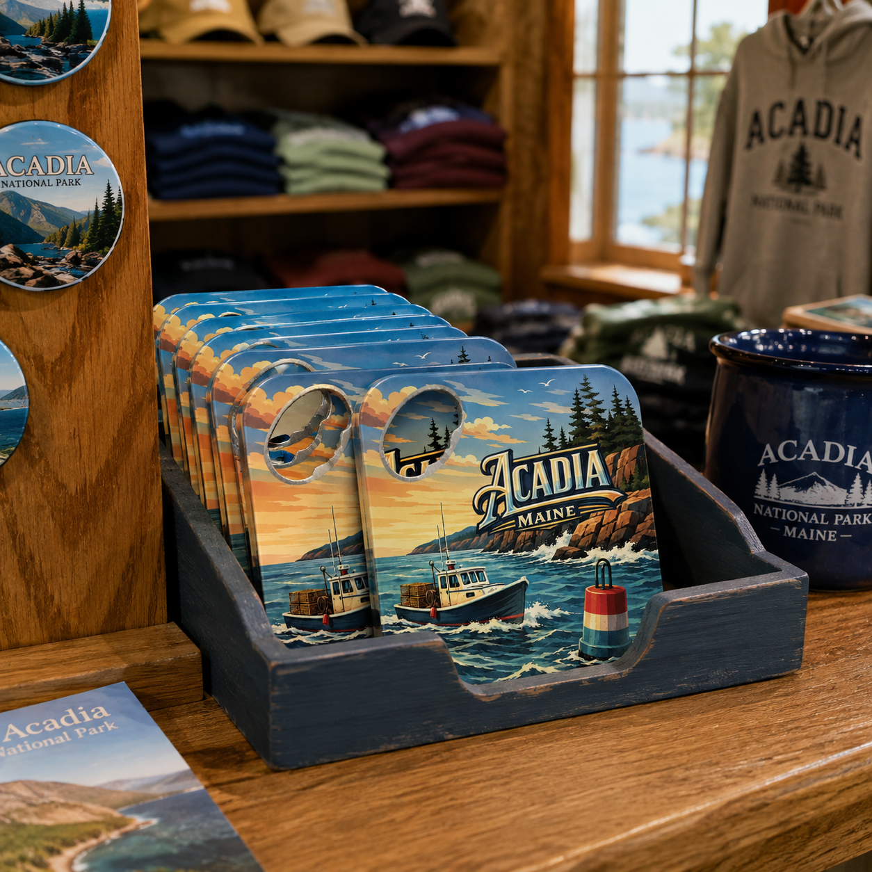 Acadia National Park souvenir bottle opener magnet in a retail lifestyle setting