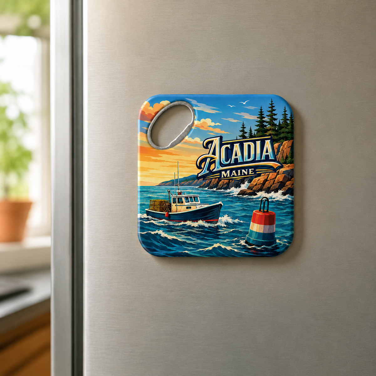 Acadia National Park souvenir bottle opener magnet displayed on a refrigerator