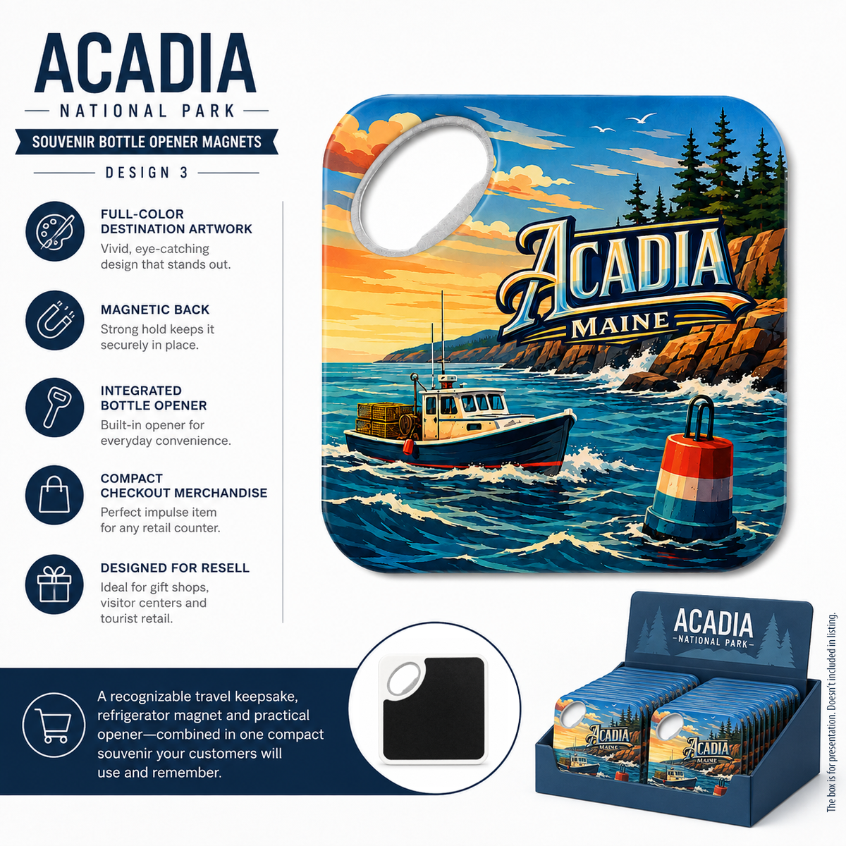 Acadia National Park souvenir bottle opener magnet features infographic