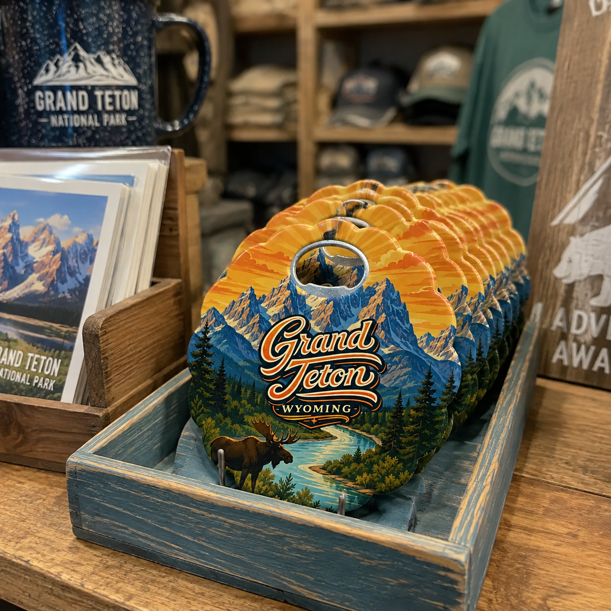 Grand Teton National Park souvenir bottle opener magnet in a retail lifestyle setting