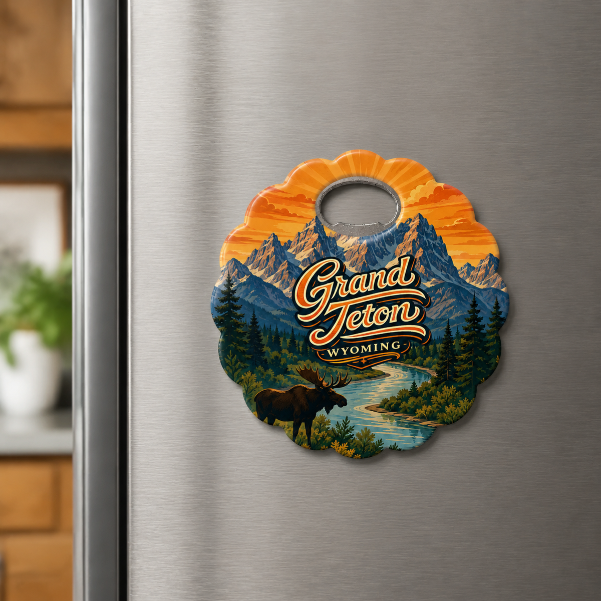 Grand Teton National Park souvenir bottle opener magnet displayed on a refrigerator