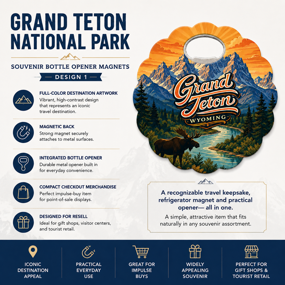 Grand Teton National Park souvenir bottle opener magnet features infographic