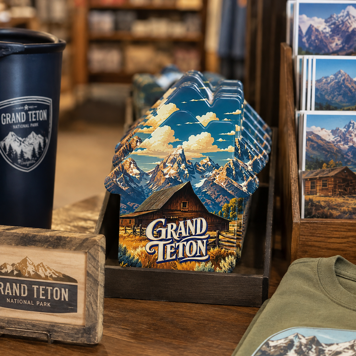 Grand Teton National Park souvenir bottle opener magnet in a retail lifestyle setting
