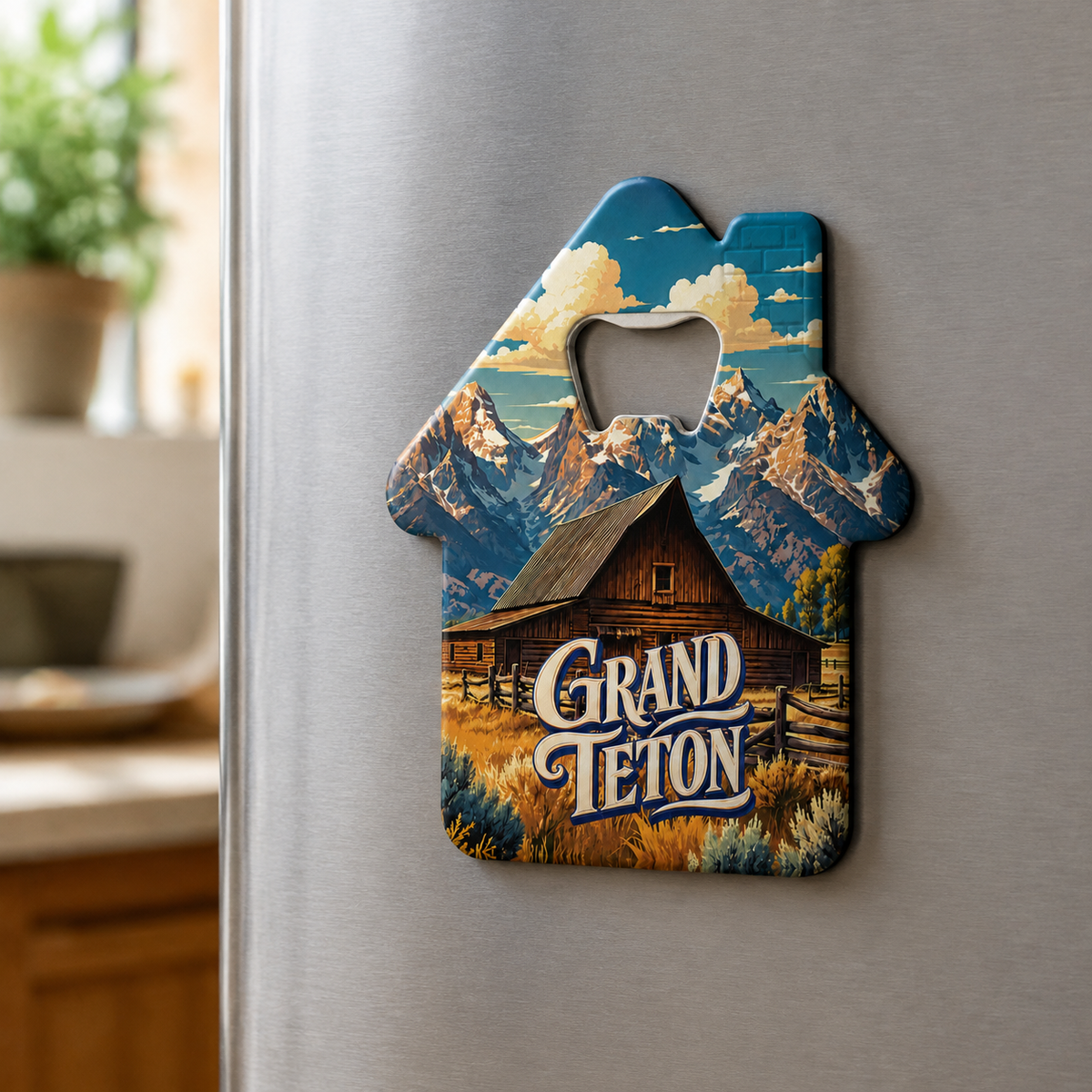 Grand Teton National Park souvenir bottle opener magnet displayed on a refrigerator