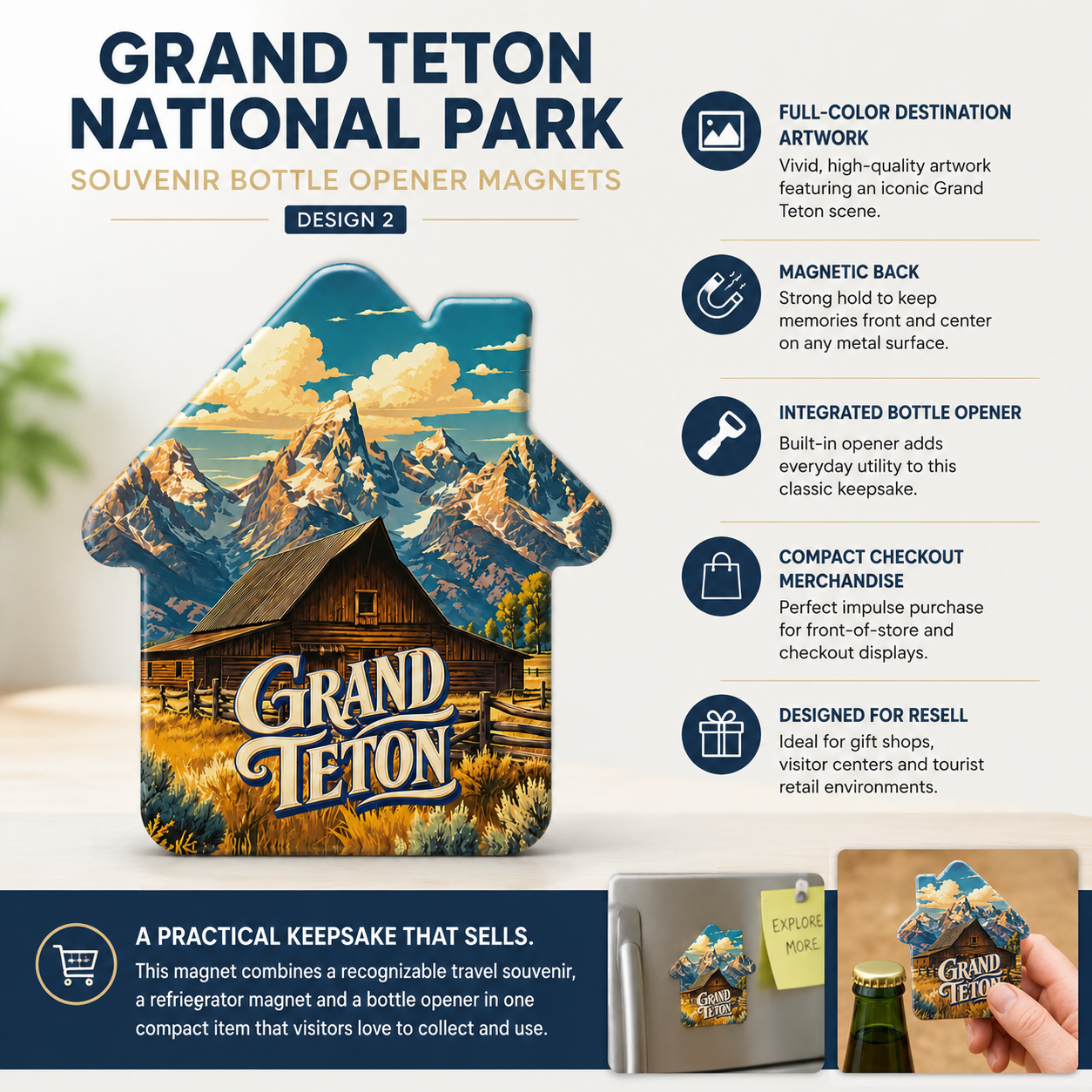 Grand Teton National Park souvenir bottle opener magnet features infographic