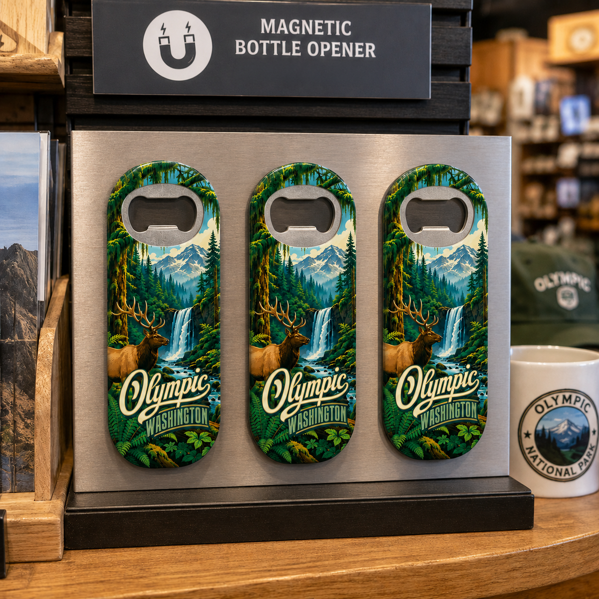Olympic National Park souvenir bottle opener magnet in a retail lifestyle setting