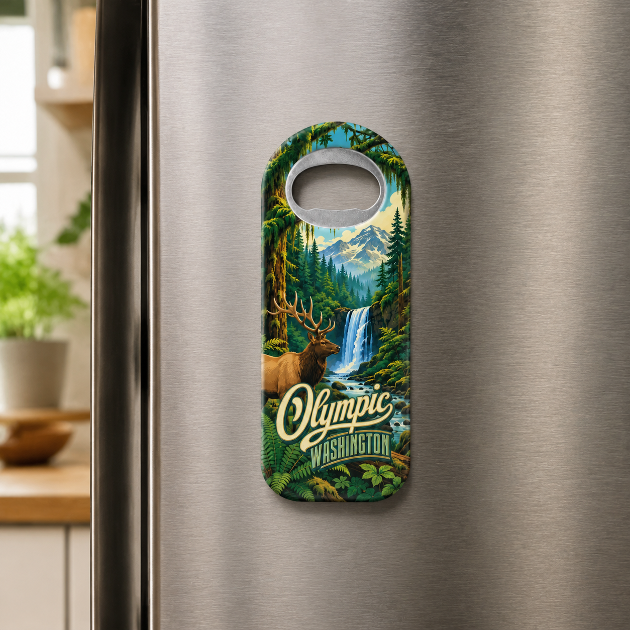Olympic National Park souvenir bottle opener magnet displayed on a refrigerator