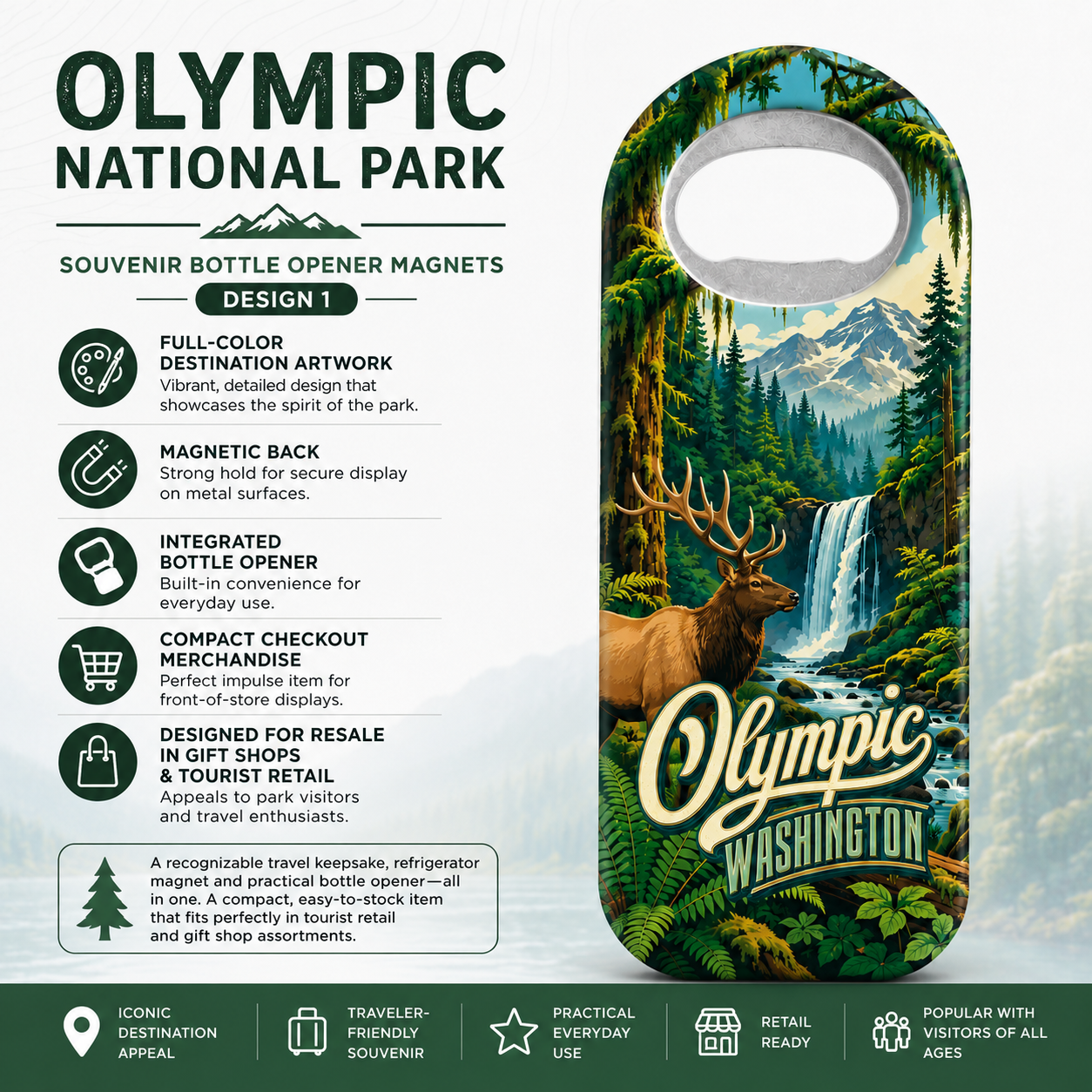 Olympic National Park souvenir bottle opener magnet features infographic
