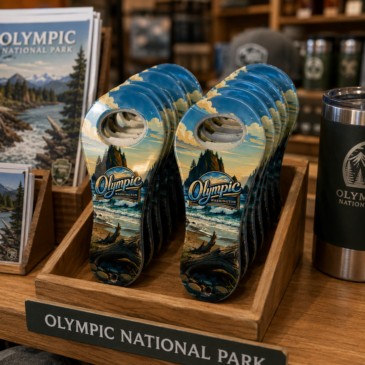 Olympic National Park souvenir bottle opener magnet in a retail lifestyle setting