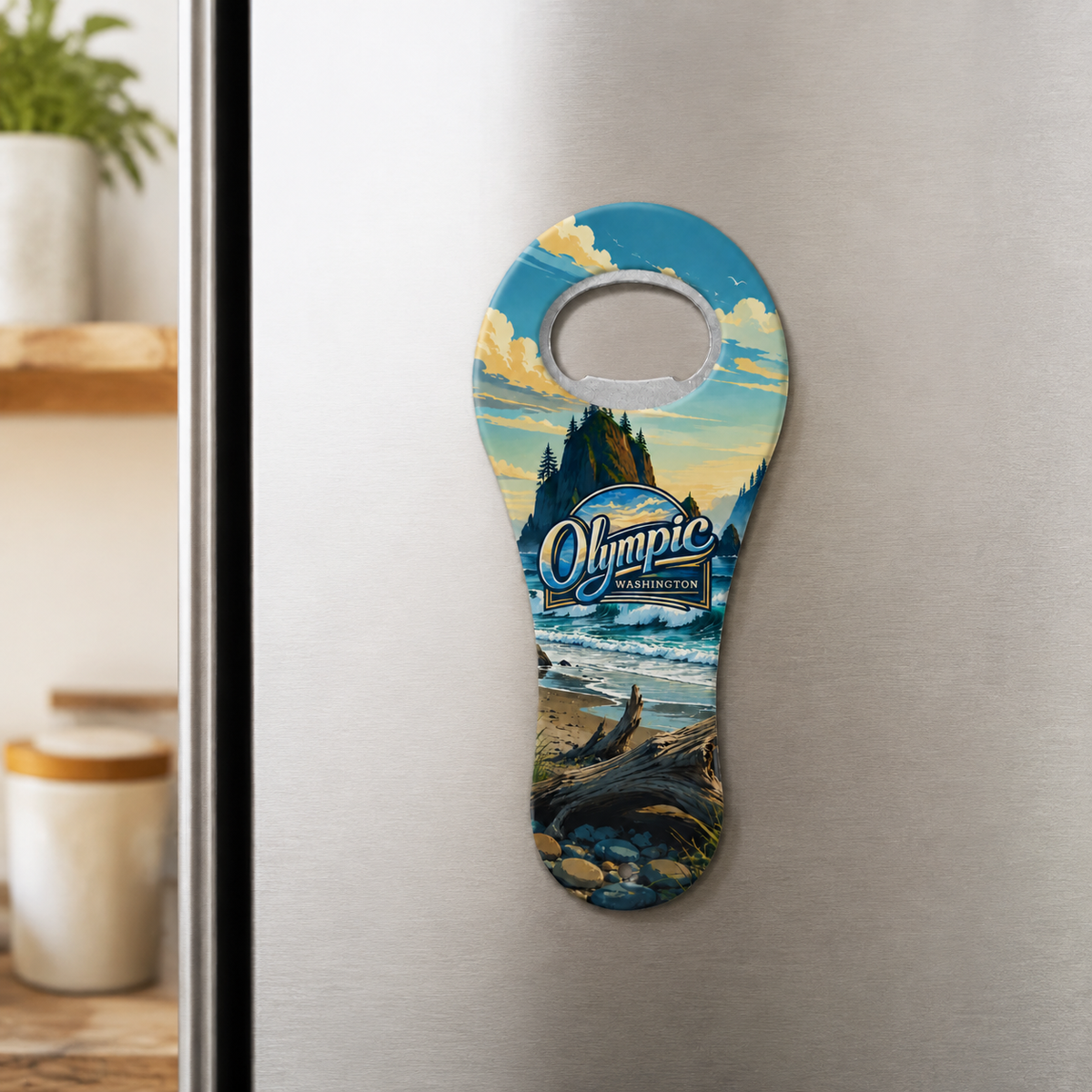 Olympic National Park souvenir bottle opener magnet displayed on a refrigerator