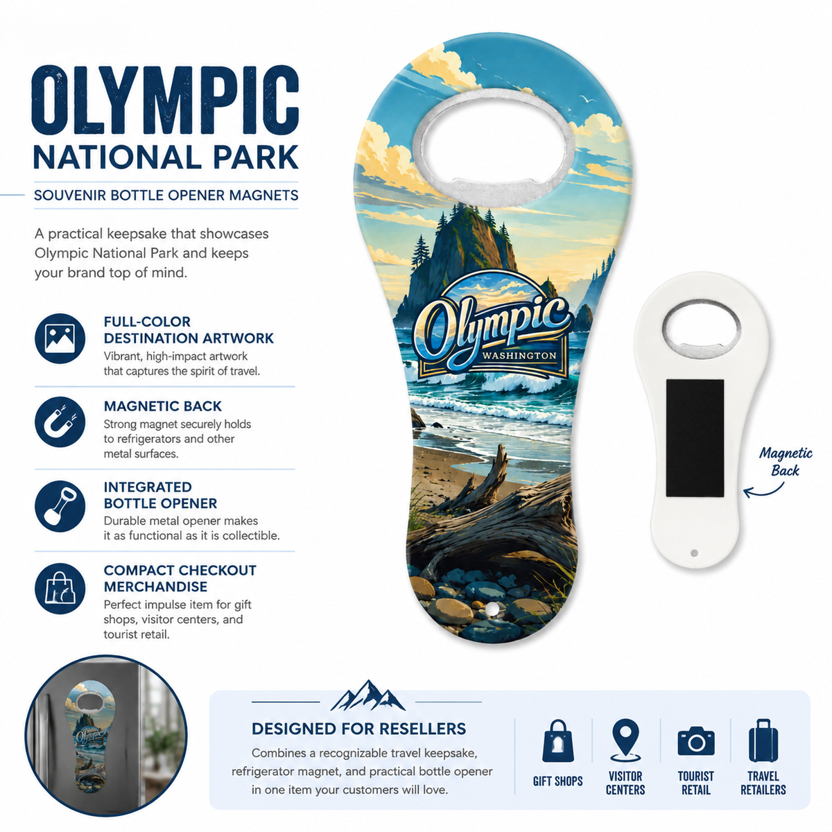 Olympic National Park souvenir bottle opener magnet features infographic