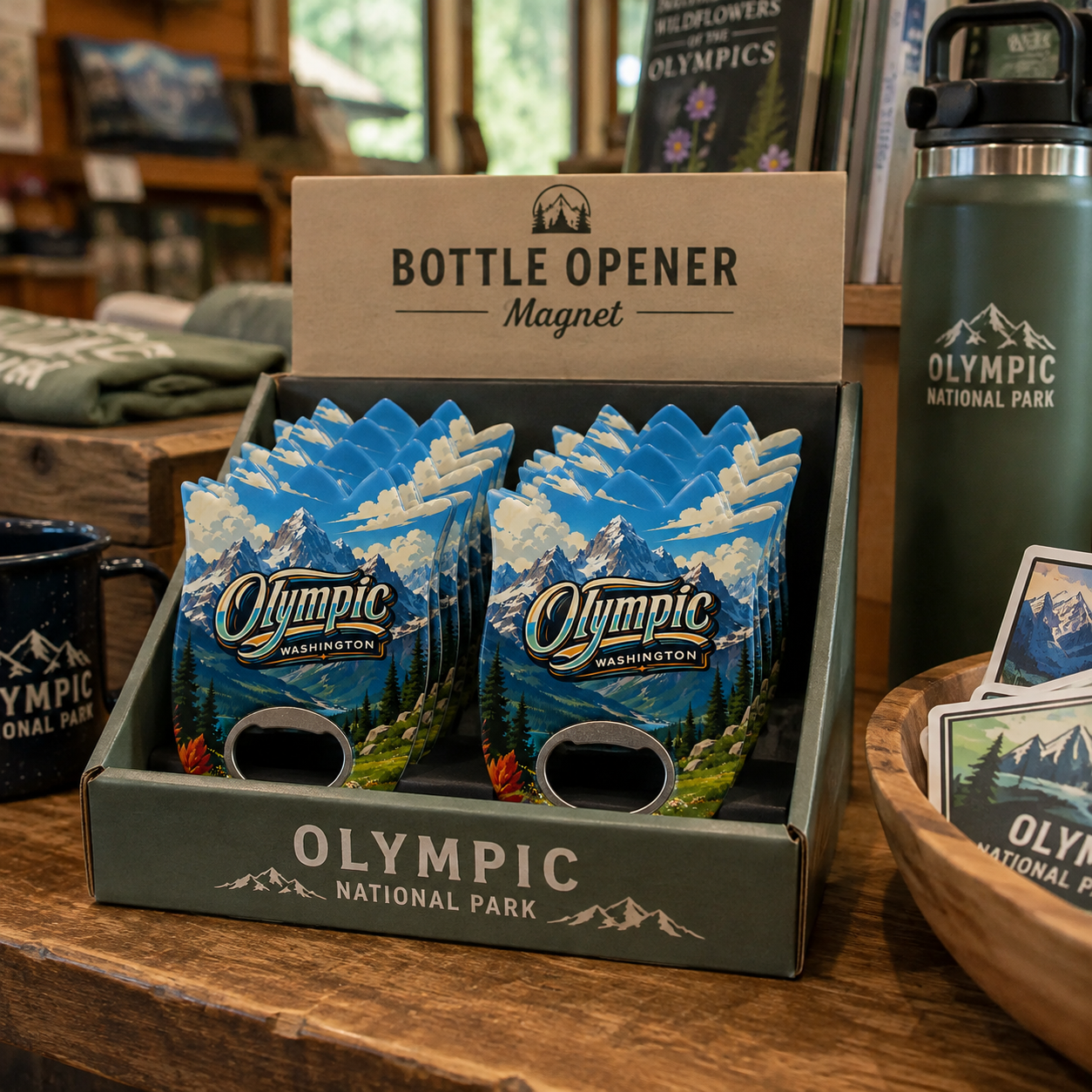 Olympic National Park souvenir bottle opener magnet in a retail lifestyle setting