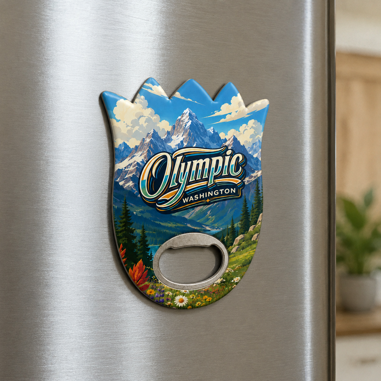Olympic National Park souvenir bottle opener magnet displayed on a refrigerator