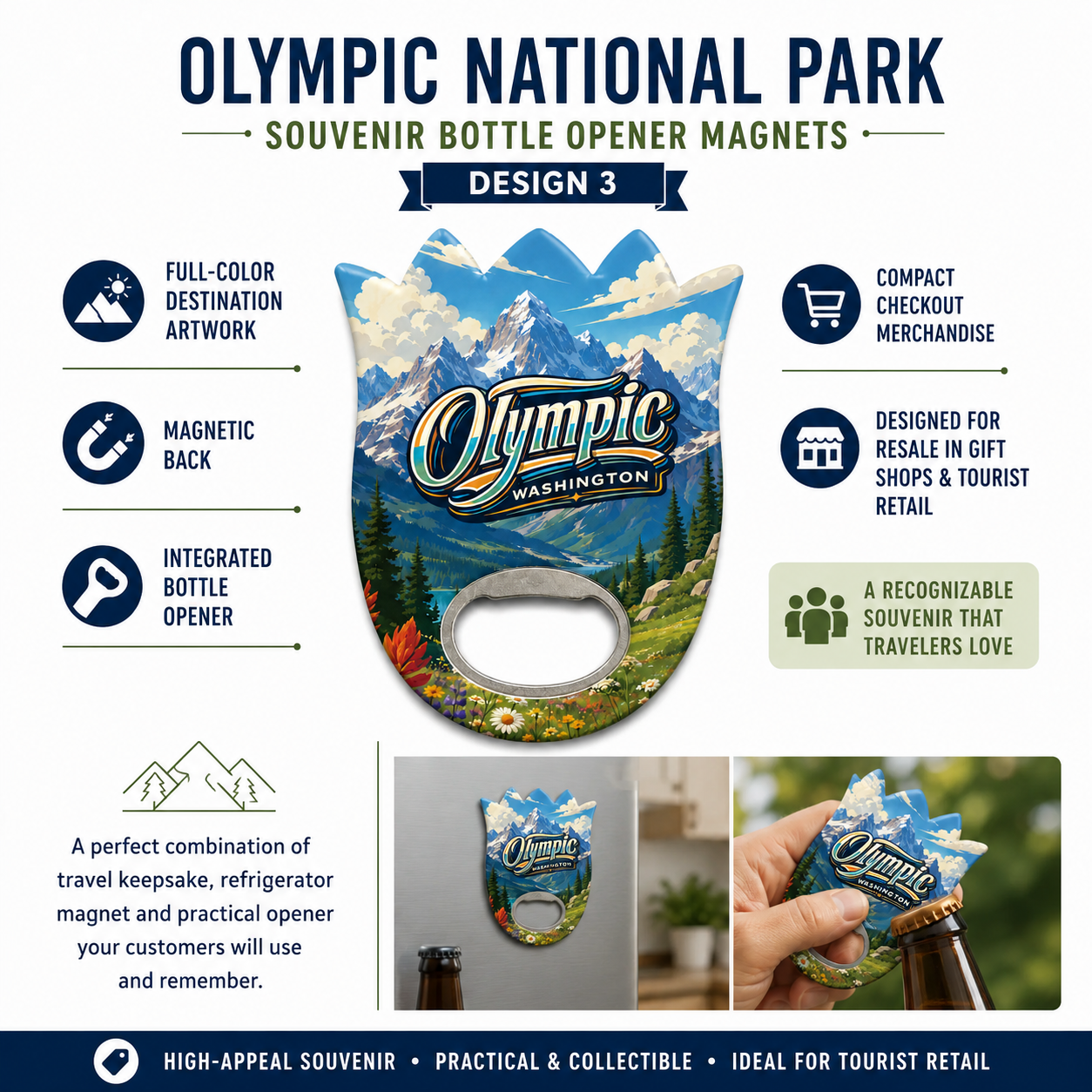 Olympic National Park souvenir bottle opener magnet features infographic