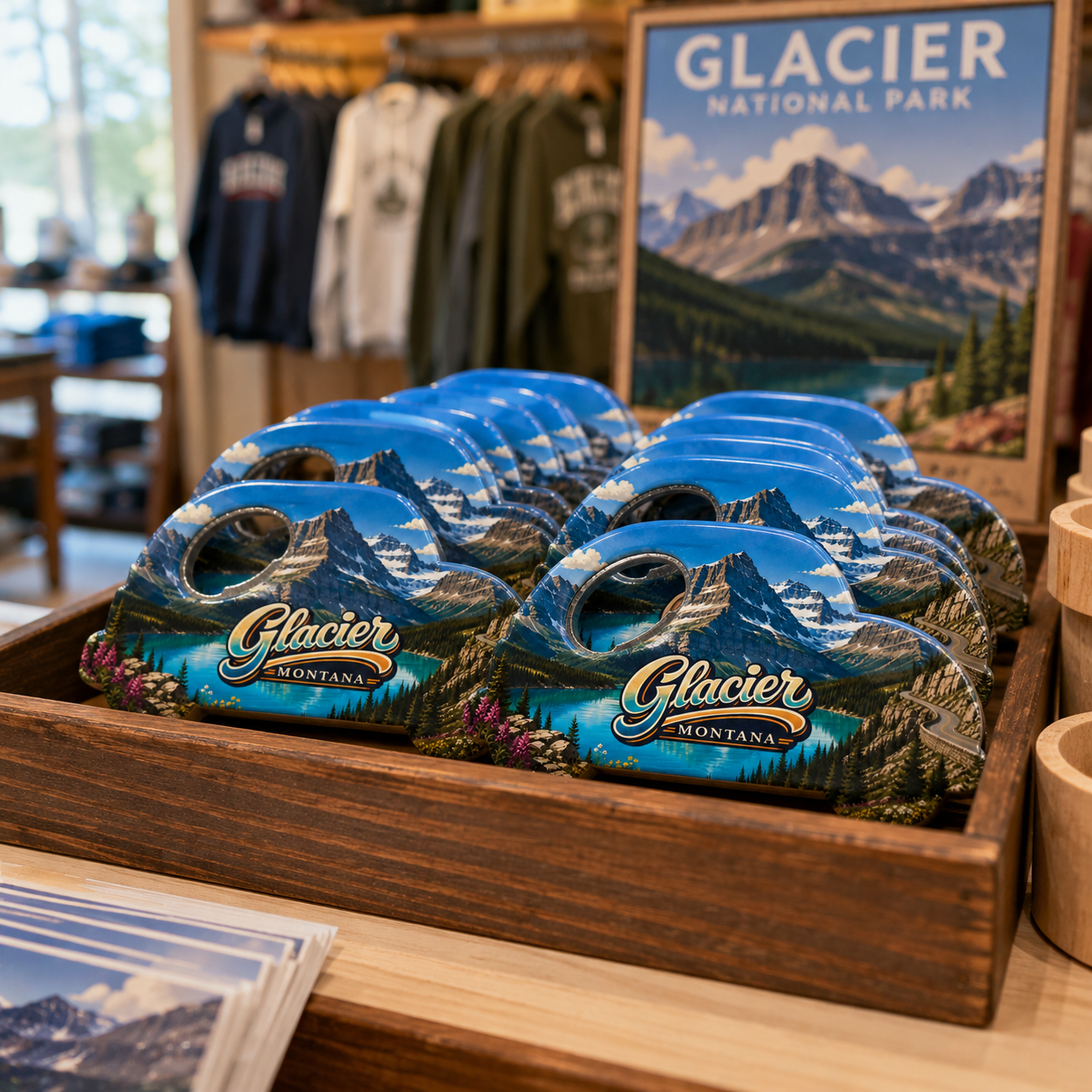 Glacier National Park souvenir bottle opener magnet in a retail lifestyle setting