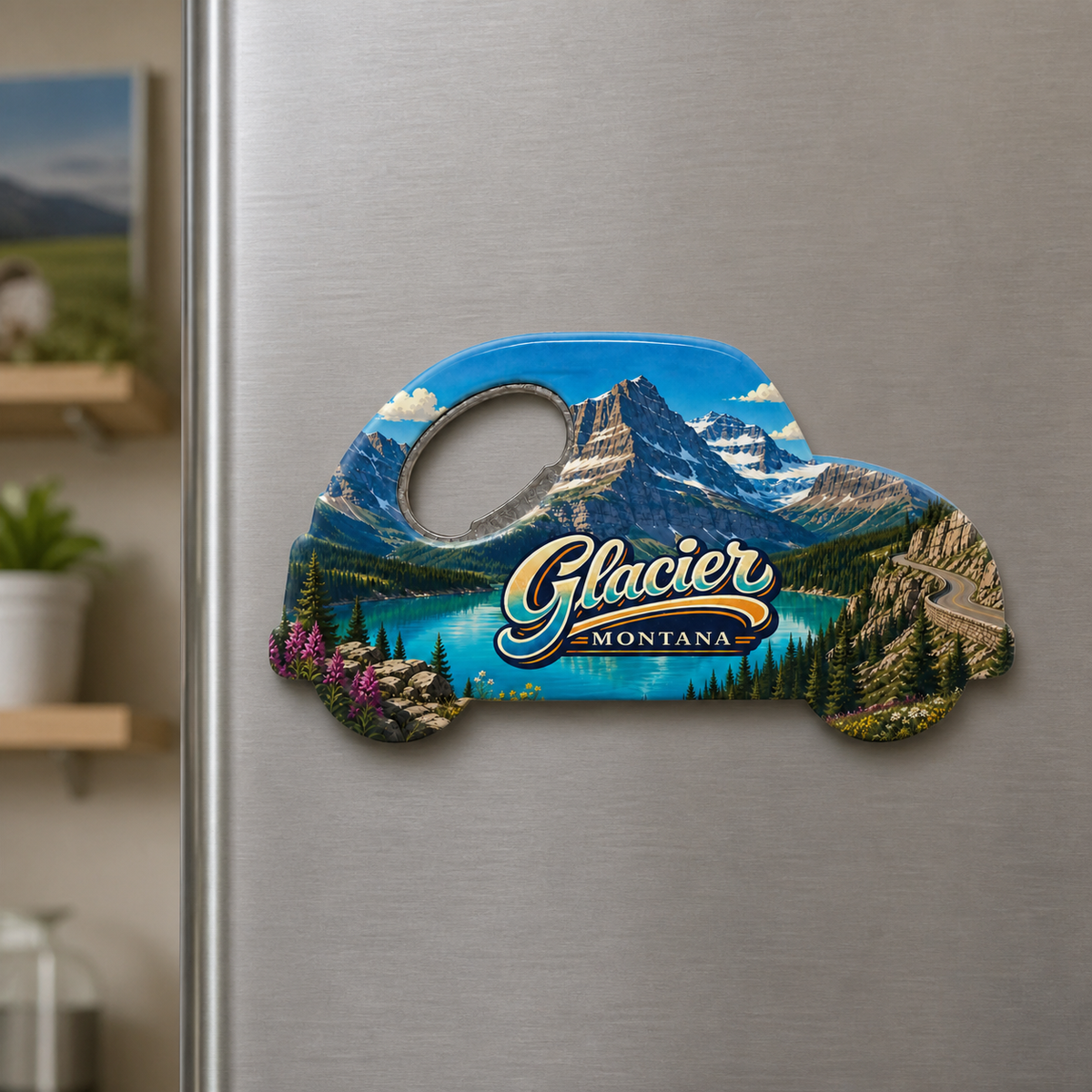 Glacier National Park souvenir bottle opener magnet displayed on a refrigerator