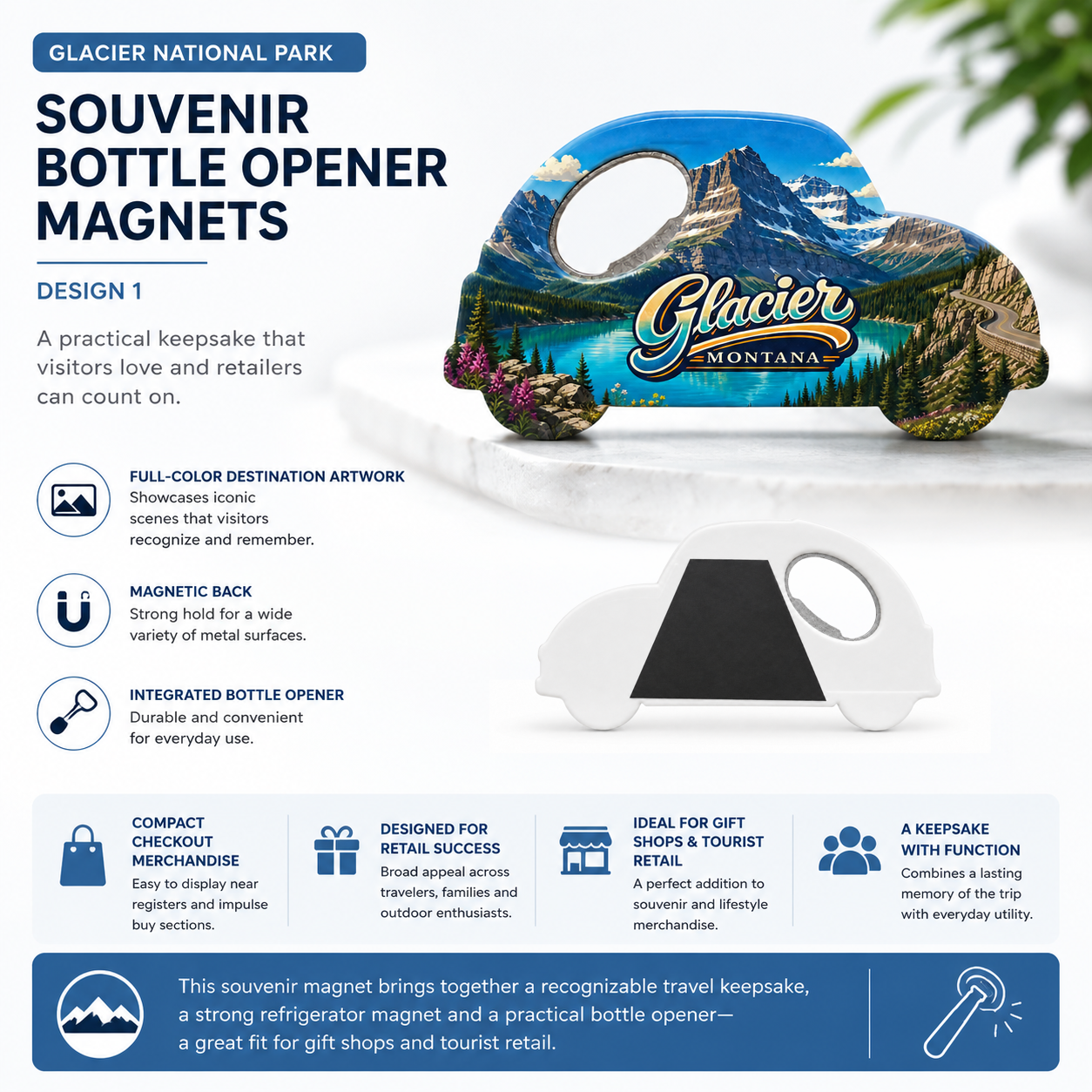 Glacier National Park souvenir bottle opener magnet features infographic