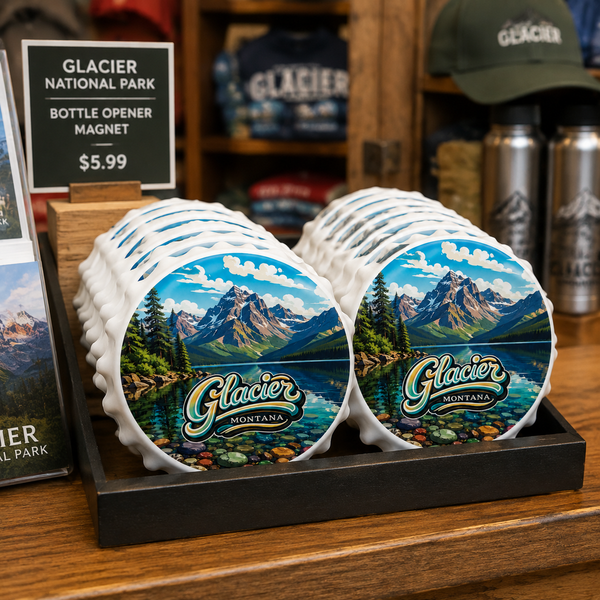 Glacier National Park souvenir bottle opener magnet in a retail lifestyle setting