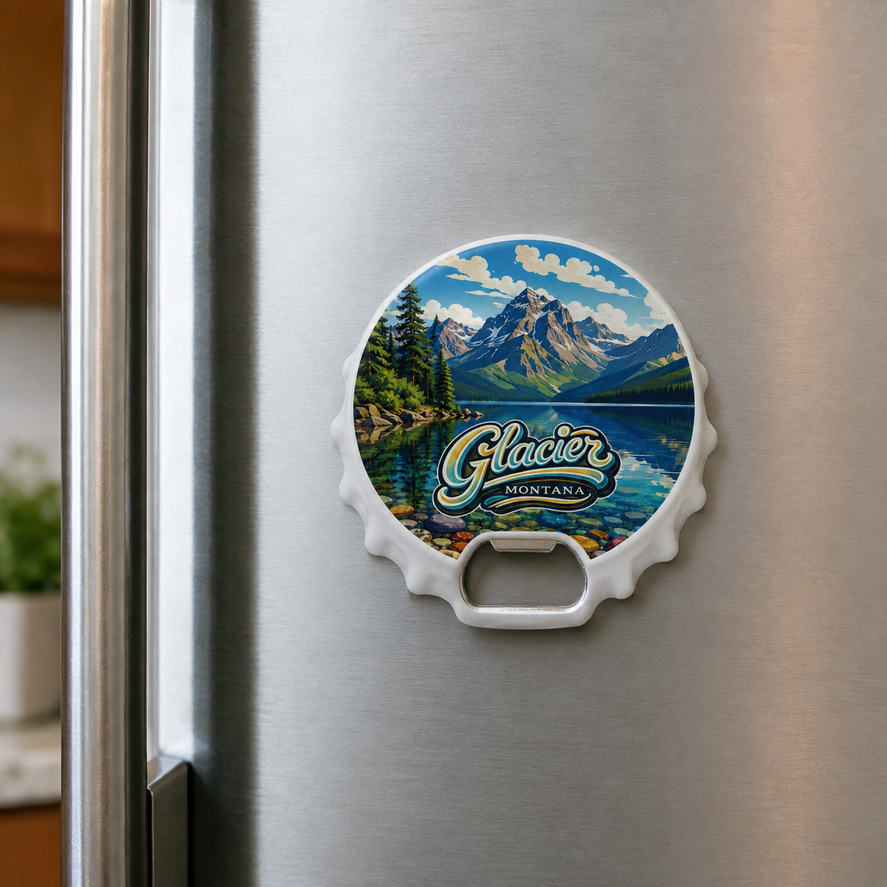 Glacier National Park souvenir bottle opener magnet displayed on a refrigerator