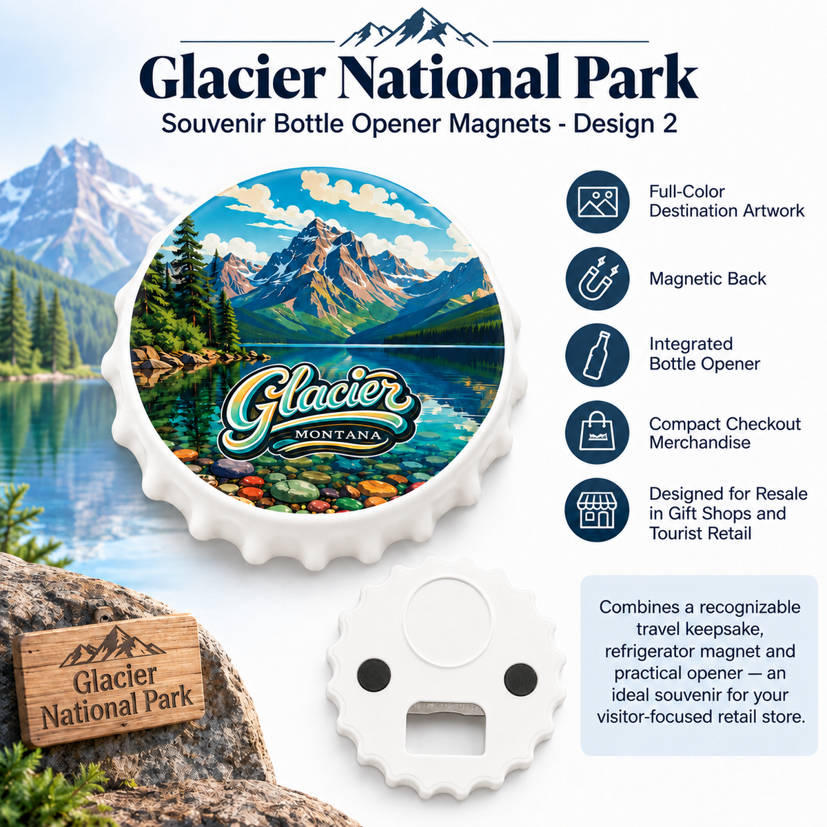 Glacier National Park souvenir bottle opener magnet features infographic