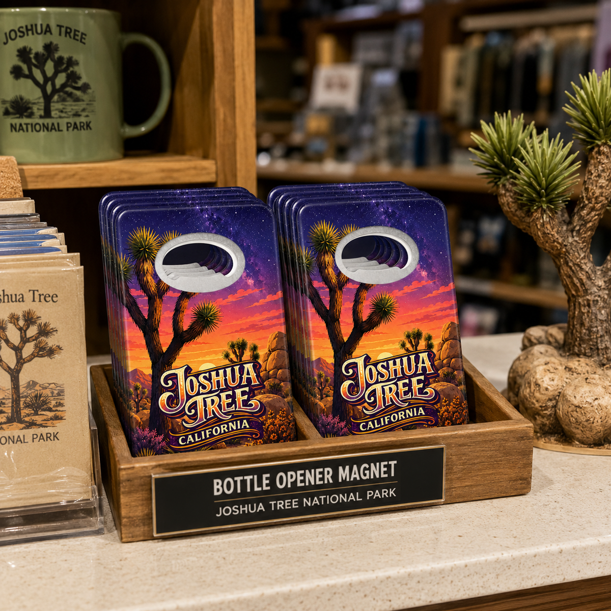 Joshua Tree National Park souvenir bottle opener magnet in a retail lifestyle setting