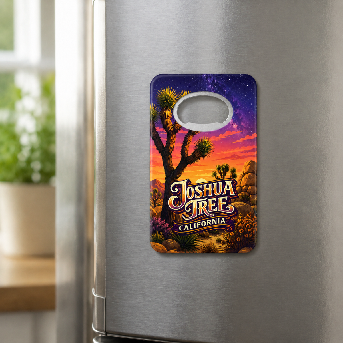 Joshua Tree National Park souvenir bottle opener magnet displayed on a refrigerator