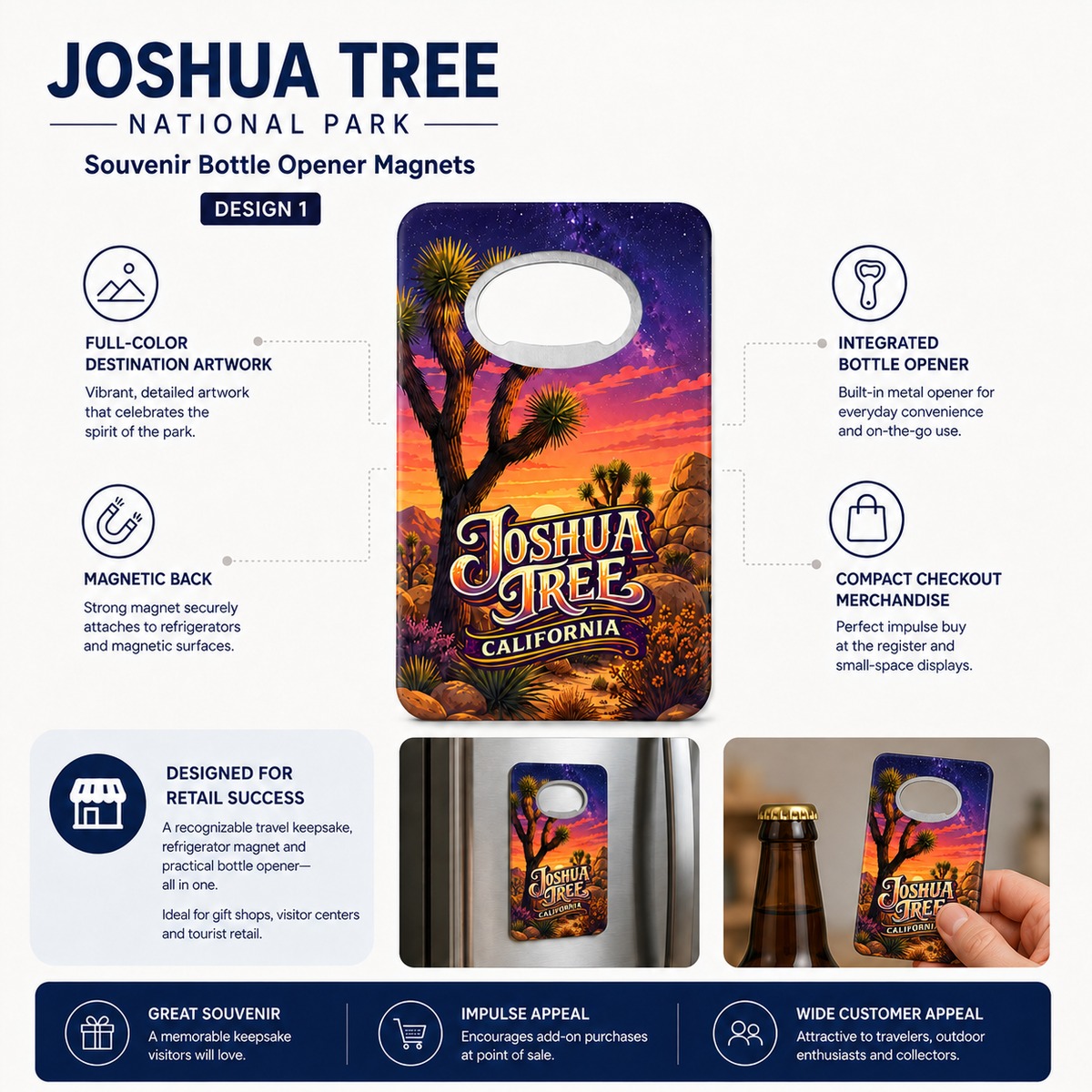 Joshua Tree National Park souvenir bottle opener magnet features infographic