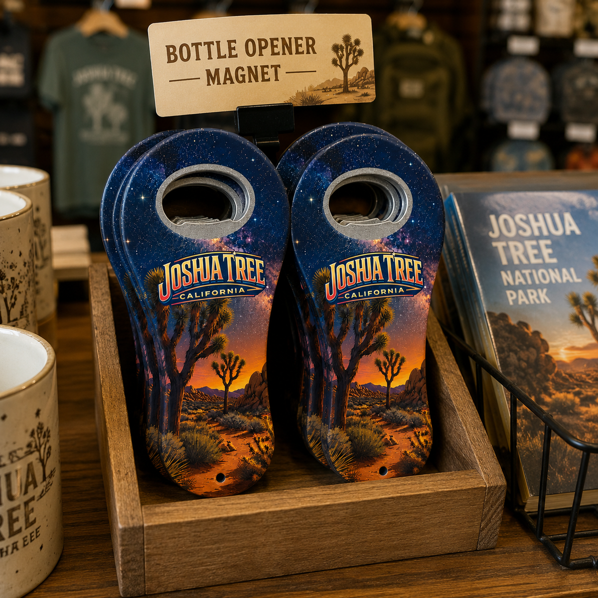 Joshua Tree National Park souvenir bottle opener magnet in a retail lifestyle setting