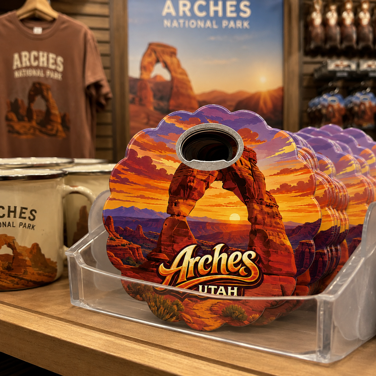 Arches National Park souvenir bottle opener magnet in a retail lifestyle setting