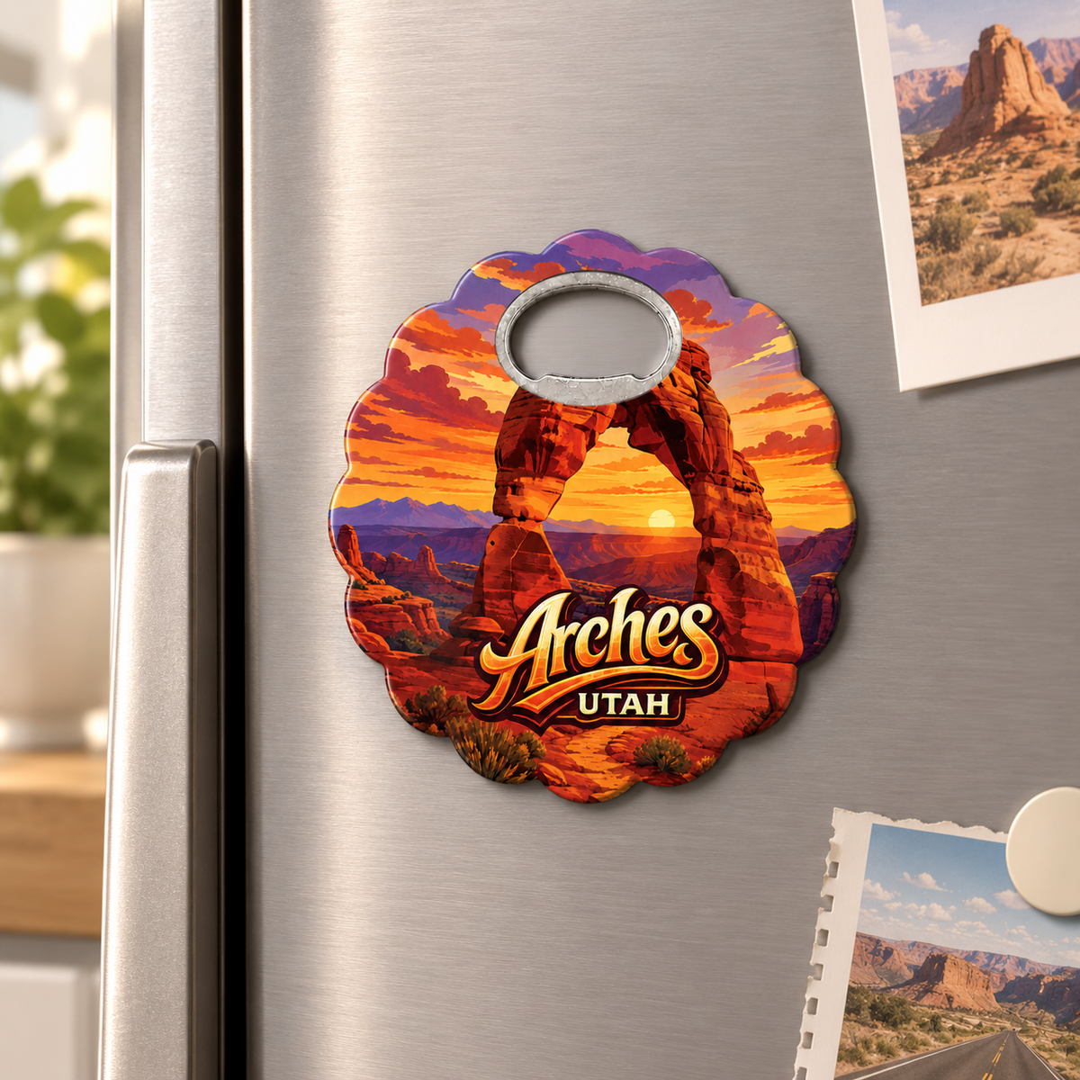 Arches National Park souvenir bottle opener magnet displayed on a refrigerator