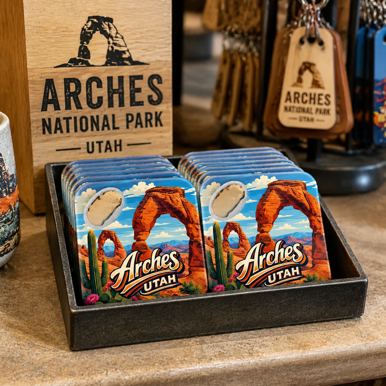 Arches National Park souvenir bottle opener magnet in a retail lifestyle setting
