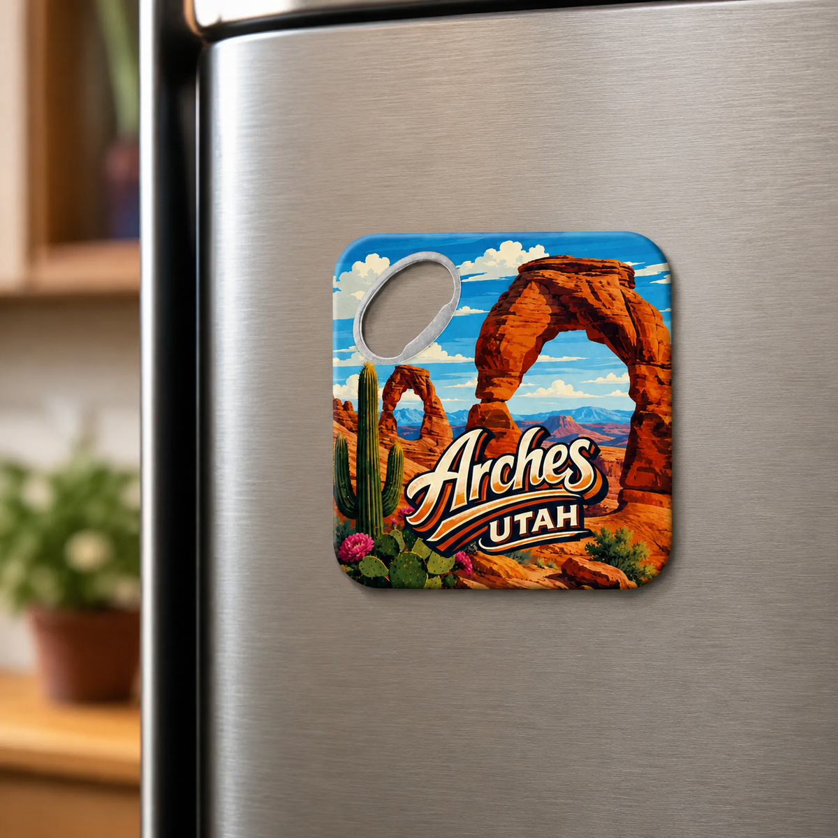 Arches National Park souvenir bottle opener magnet displayed on a refrigerator
