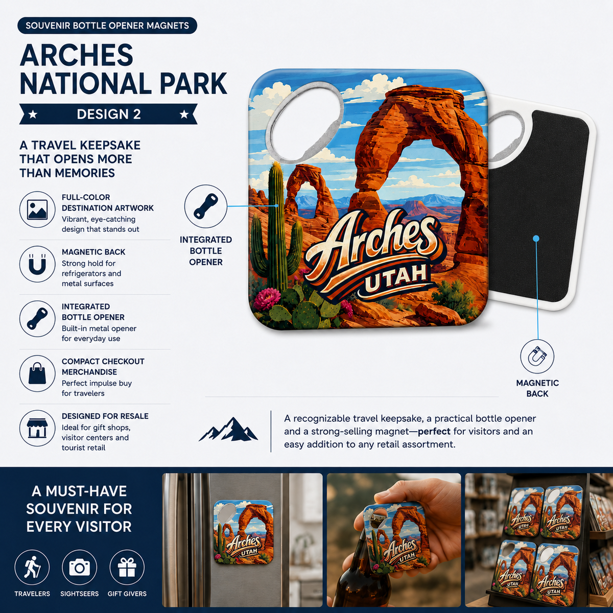 Arches National Park souvenir bottle opener magnet features infographic