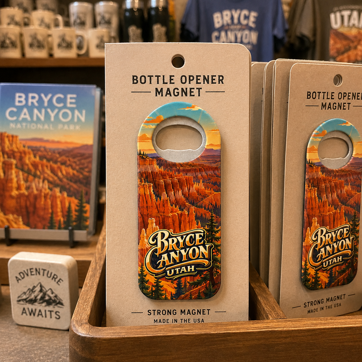 Bryce Canyon National Park souvenir bottle opener magnet in a retail lifestyle setting