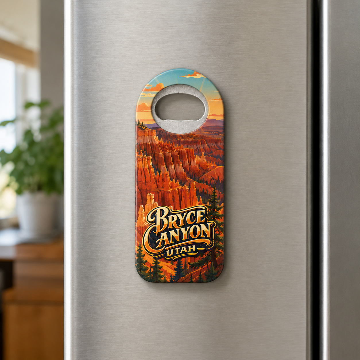 Bryce Canyon National Park souvenir bottle opener magnet displayed on a refrigerator
