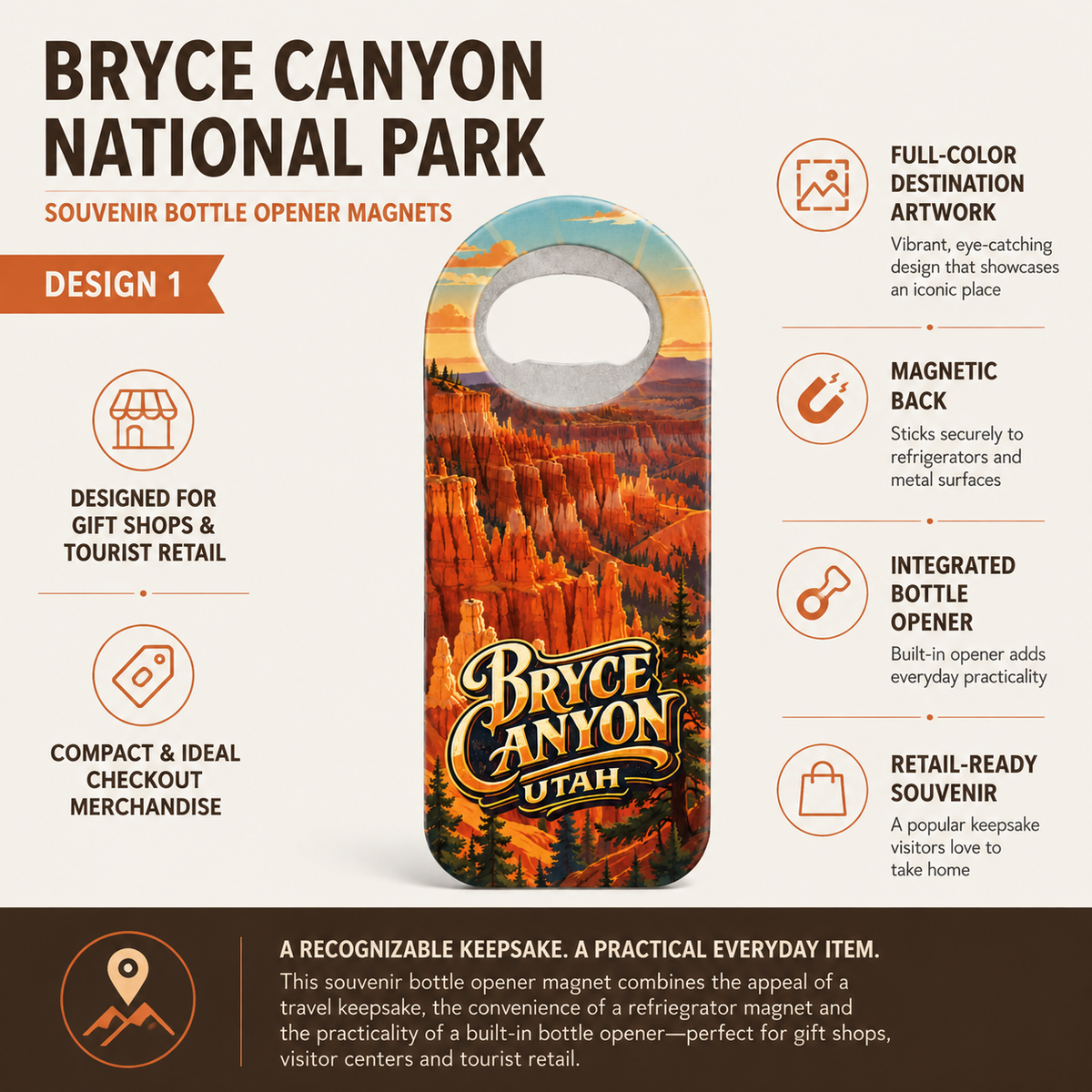 Bryce Canyon National Park souvenir bottle opener magnet features infographic