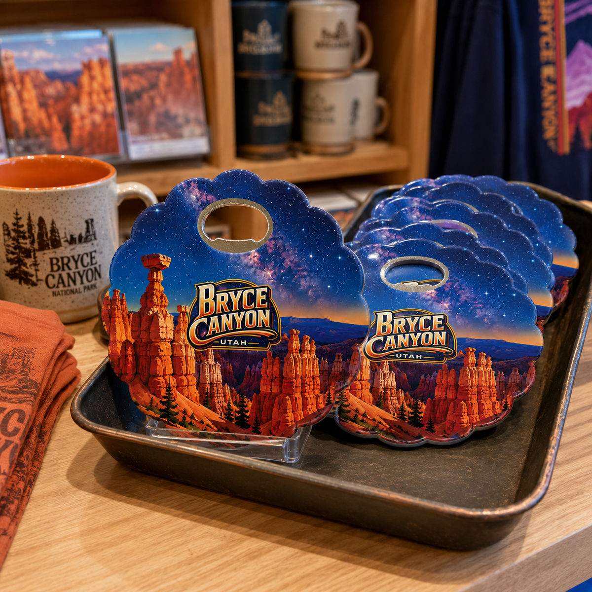 Bryce Canyon National Park souvenir bottle opener magnet in a retail lifestyle setting
