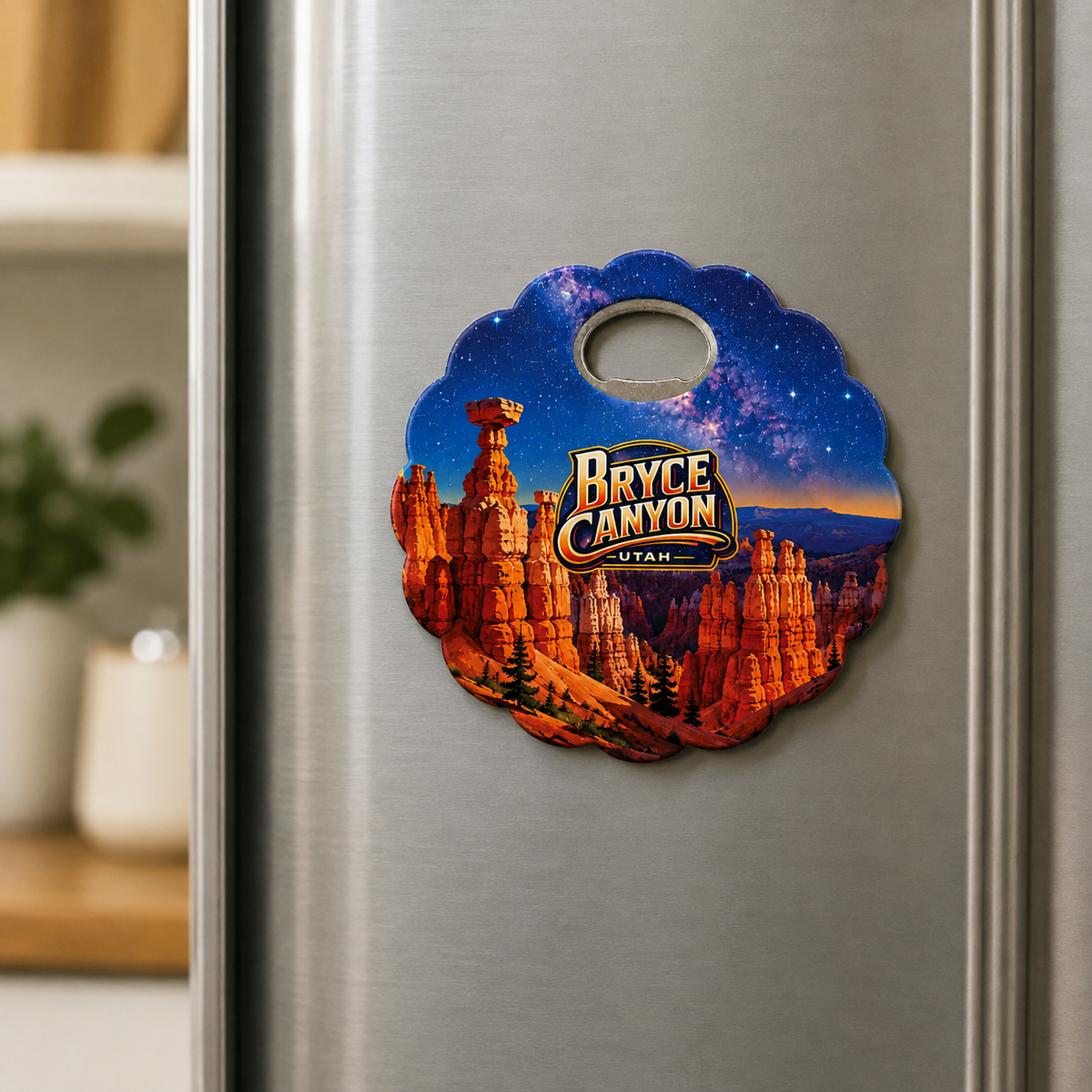 Bryce Canyon National Park souvenir bottle opener magnet displayed on a refrigerator
