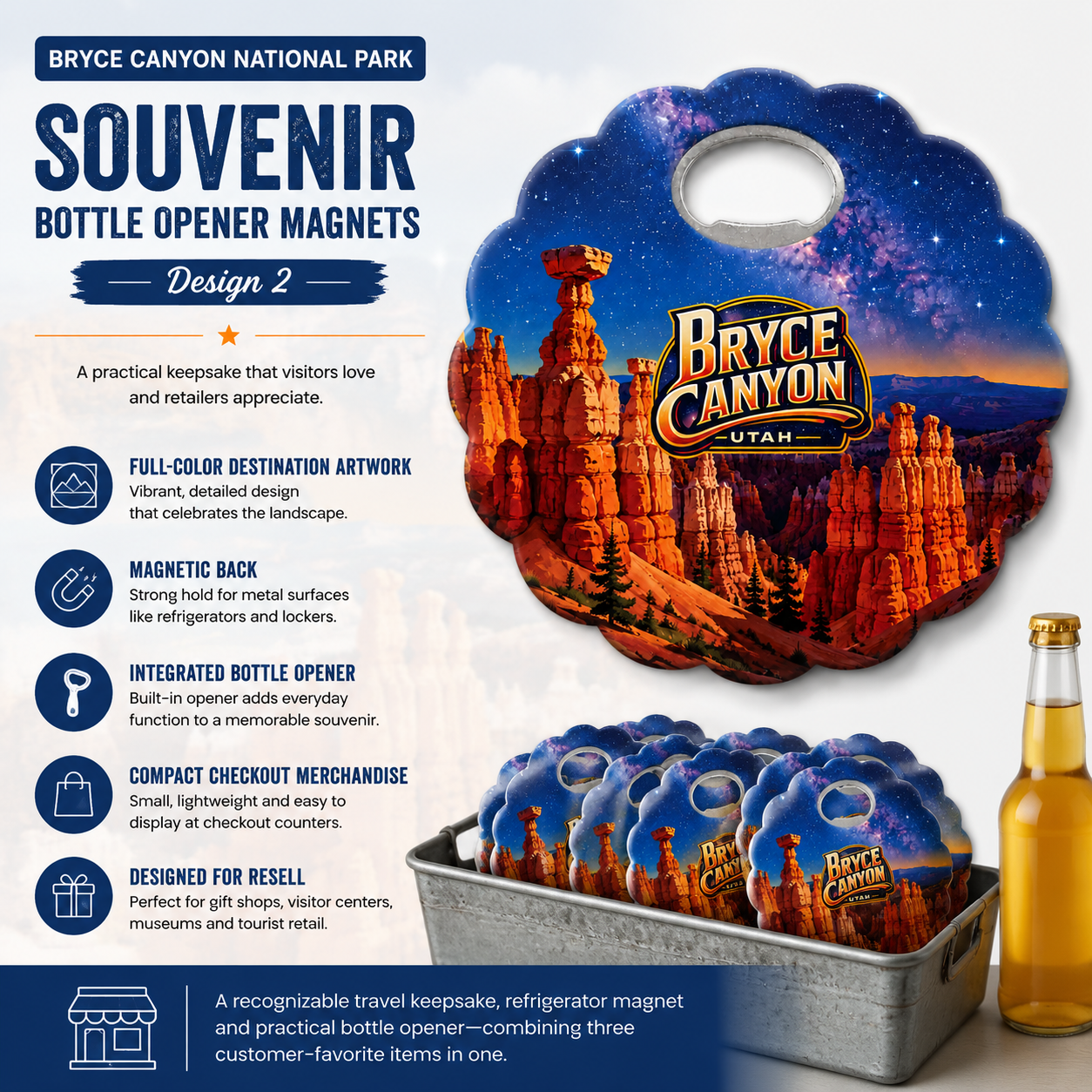 Bryce Canyon National Park souvenir bottle opener magnet features infographic